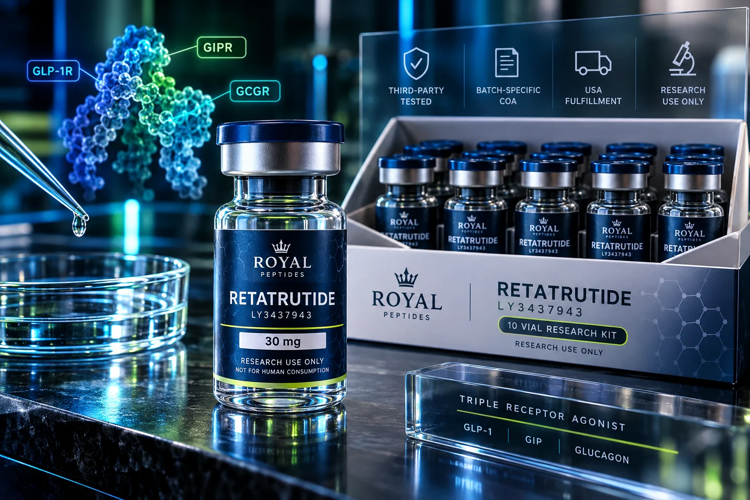 Retatrutide research material and 10-vial kit from Royal Peptides