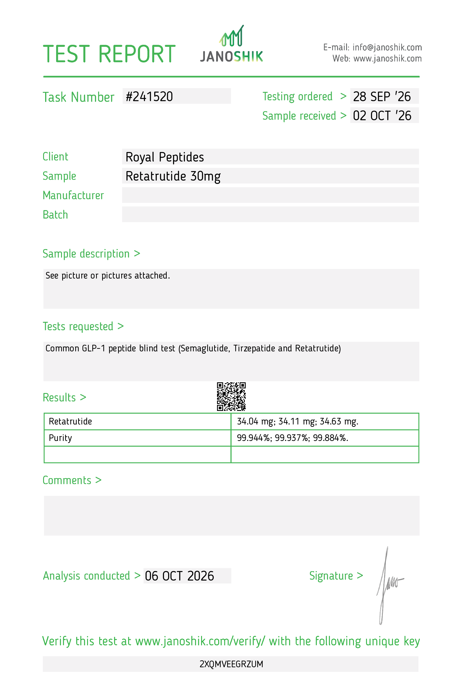 Janoshik Analytical test report #241520 for Royal Peptides Retatrutide 30 mg: 34.04, 34.11 and 34.63 mg; purity 99.944, 99.937 and 99.884%
